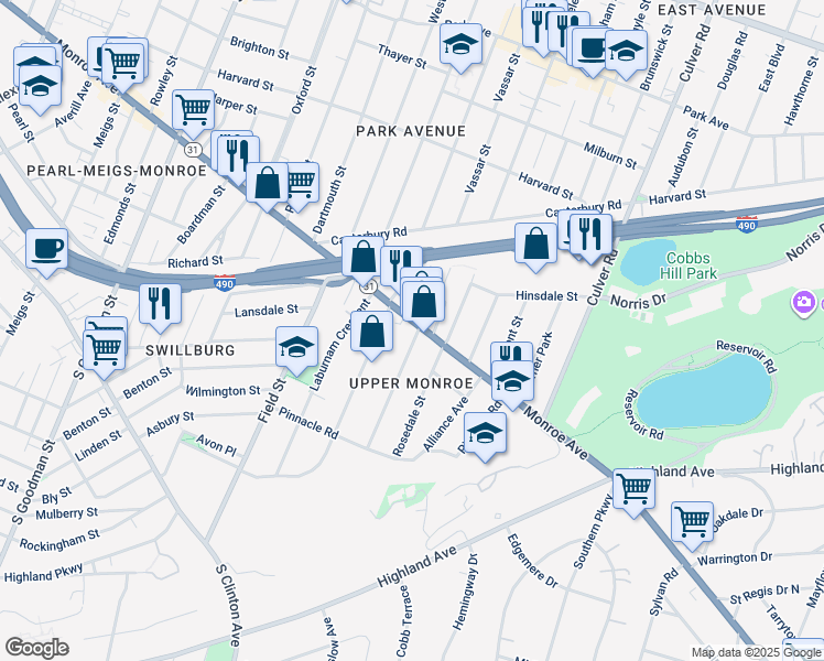 map of restaurants, bars, coffee shops, grocery stores, and more near 18 Shepard Street in Rochester