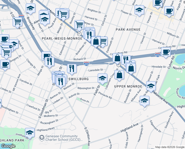 map of restaurants, bars, coffee shops, grocery stores, and more near 231 Henrietta Street in Rochester