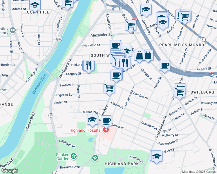 map of restaurants, bars, coffee shops, grocery stores, and more near 791 South Avenue in Rochester