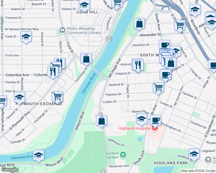 map of restaurants, bars, coffee shops, grocery stores, and more near 40 Cypress Street in Rochester
