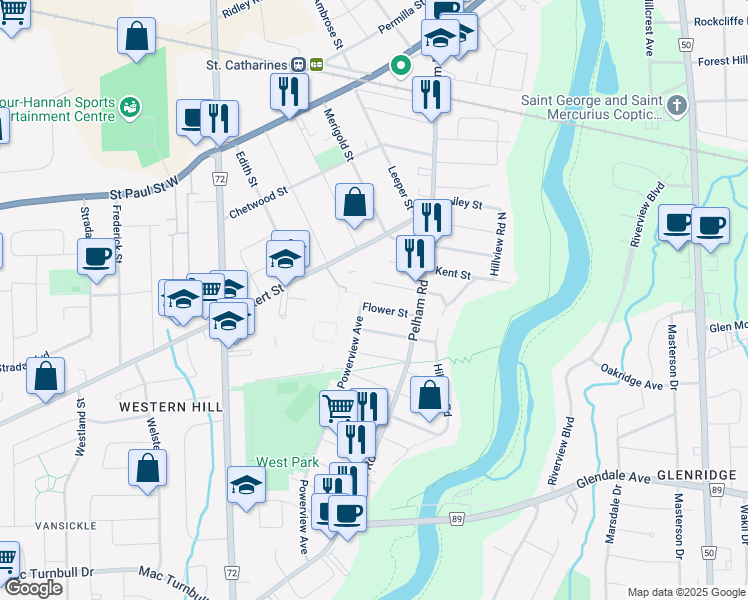 map of restaurants, bars, coffee shops, grocery stores, and more near 101 Powerview Avenue in St. Catharines