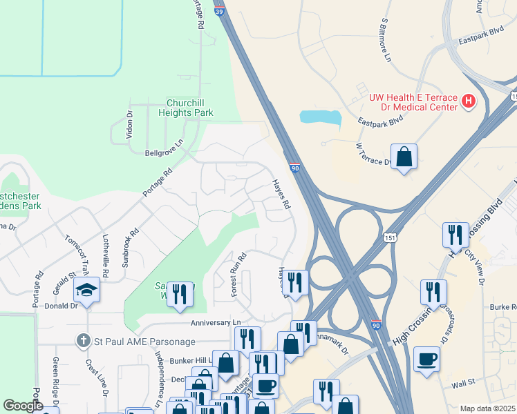 map of restaurants, bars, coffee shops, grocery stores, and more near 1-99 Winterview Court in Madison