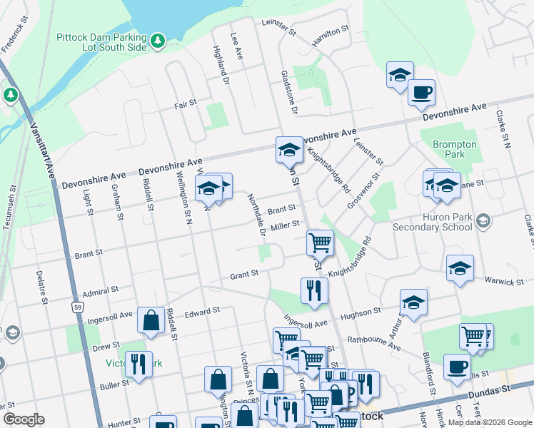 map of restaurants, bars, coffee shops, grocery stores, and more near 650 Brant Street in Woodstock