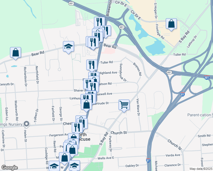 map of restaurants, bars, coffee shops, grocery stores, and more near 108 Watson Road in Syracuse
