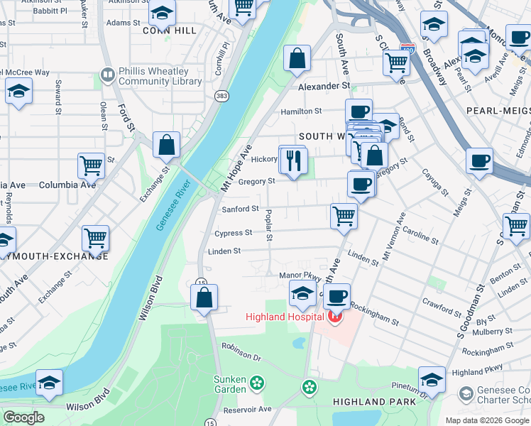 map of restaurants, bars, coffee shops, grocery stores, and more near 84 Poplar Street in Rochester
