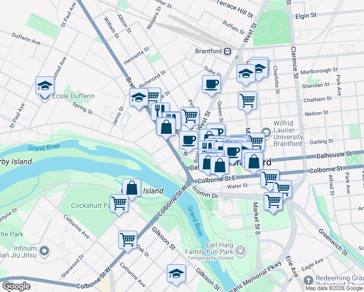 map of restaurants, bars, coffee shops, grocery stores, and more near 8 William Street in Brantford