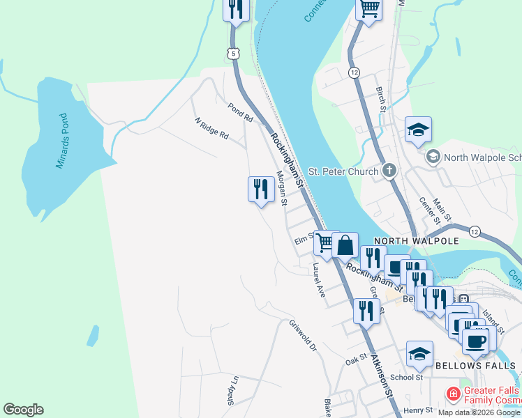 map of restaurants, bars, coffee shops, grocery stores, and more near 61 Hyde Street in Town of Rockingham