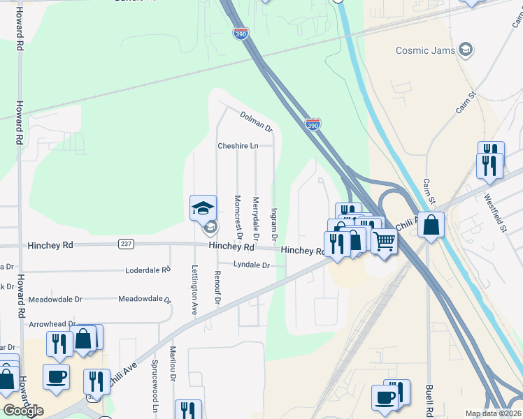 map of restaurants, bars, coffee shops, grocery stores, and more near 30 Merrydale Drive in Rochester