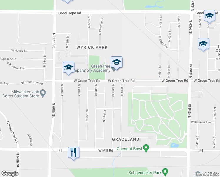 map of restaurants, bars, coffee shops, grocery stores, and more near 6747 North 52nd Street in Milwaukee