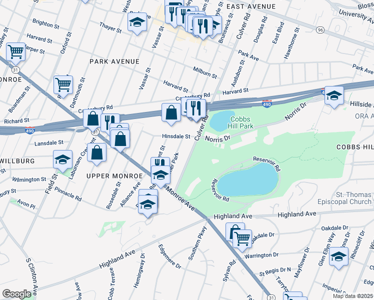 map of restaurants, bars, coffee shops, grocery stores, and more near 71 Culver Road in Rochester
