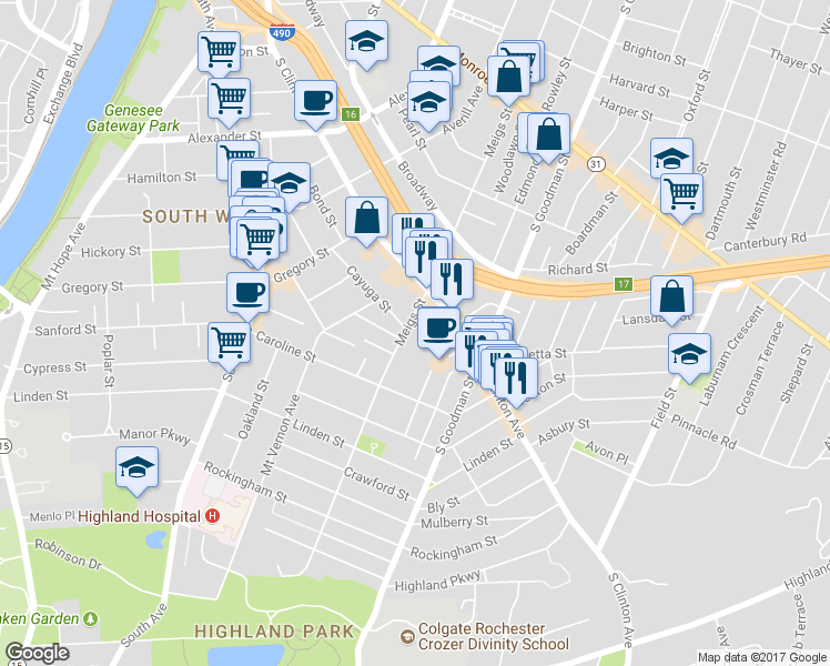 map of restaurants, bars, coffee shops, grocery stores, and more near 5 Diem Street in Rochester