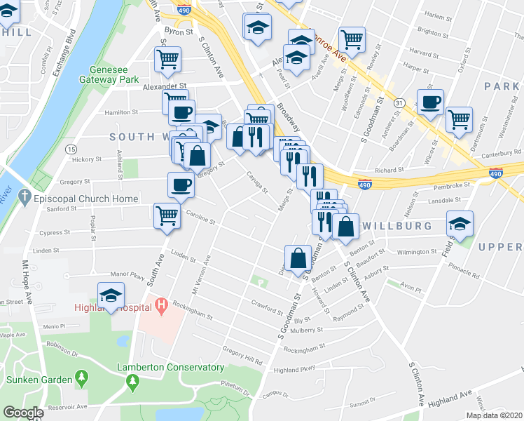 map of restaurants, bars, coffee shops, grocery stores, and more near 745 Meigs Street in Rochester
