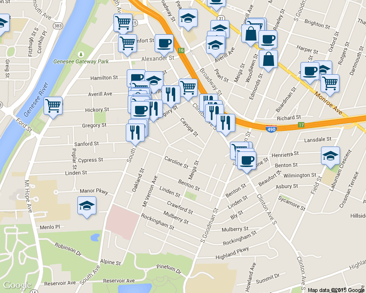 map of restaurants, bars, coffee shops, grocery stores, and more near 45 Washburn Park in Rochester
