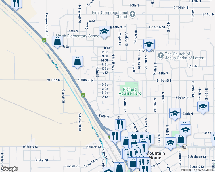 map of restaurants, bars, coffee shops, grocery stores, and more near 134 B Street in Mountain Home
