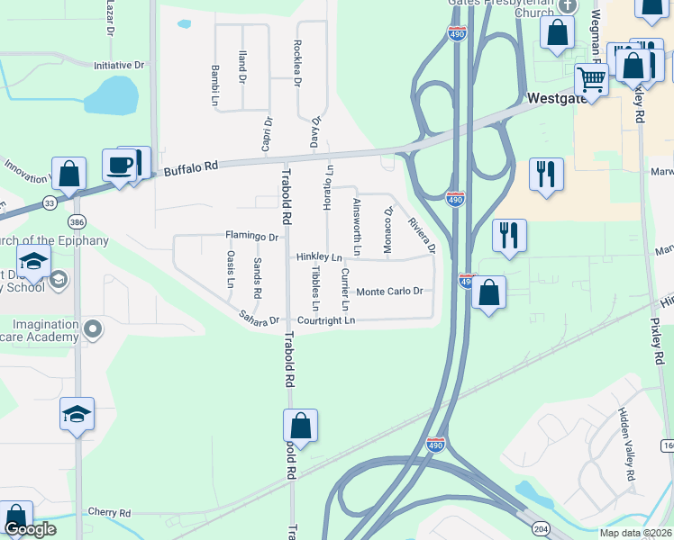 map of restaurants, bars, coffee shops, grocery stores, and more near 8 Tibbles Lane in Rochester