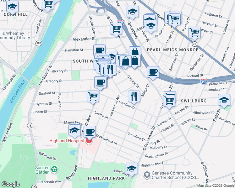 map of restaurants, bars, coffee shops, grocery stores, and more near 122 Mount Vernon Avenue in Rochester