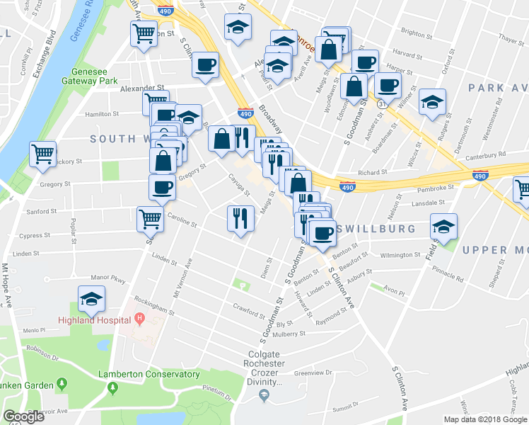 map of restaurants, bars, coffee shops, grocery stores, and more near 712 Meigs Street in Rochester