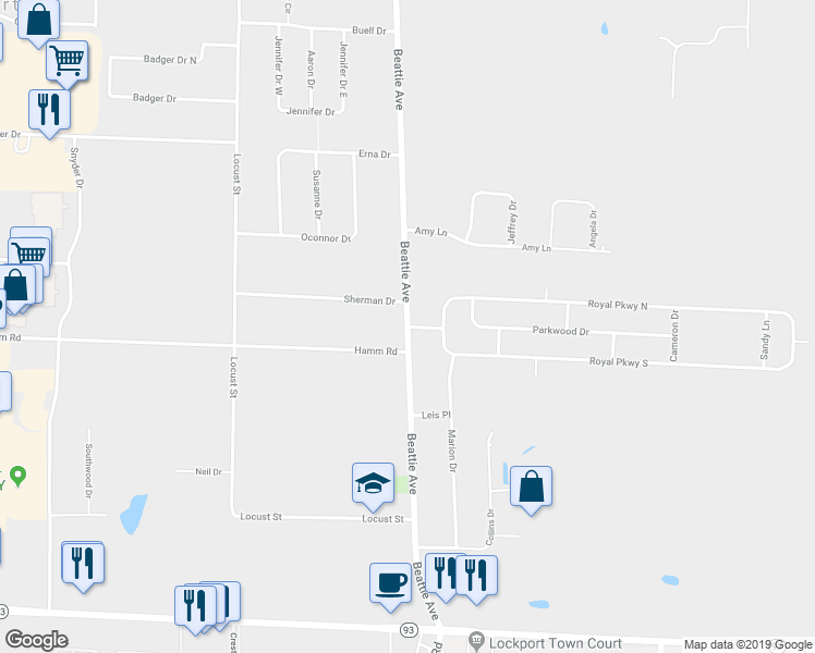 map of restaurants, bars, coffee shops, grocery stores, and more near 6566 Royal Parkway in Lockport
