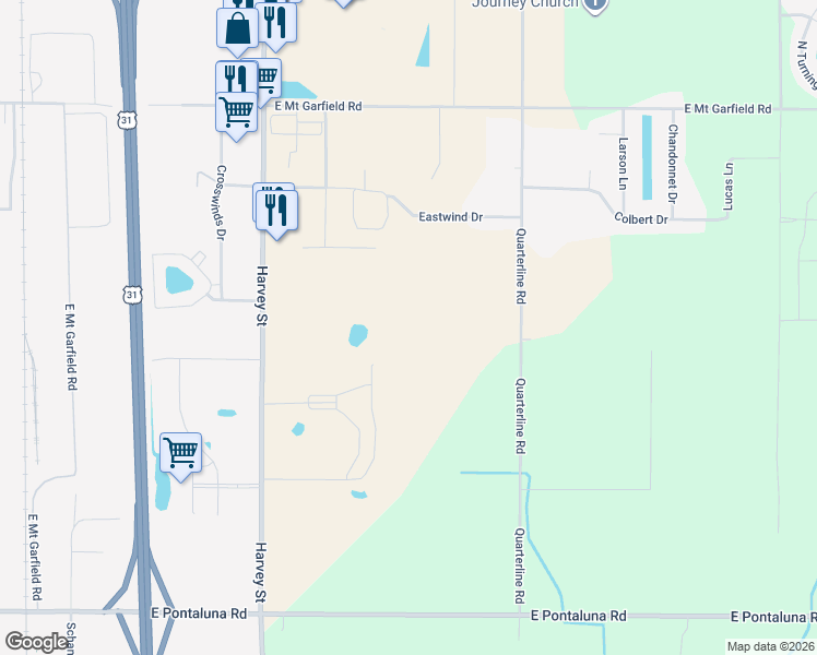 map of restaurants, bars, coffee shops, grocery stores, and more near 6334 Harvey Street in Muskegon