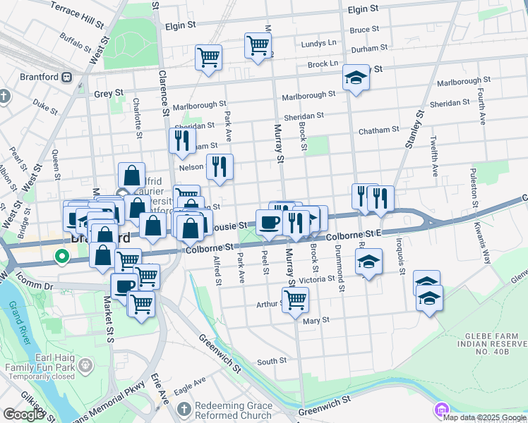 map of restaurants, bars, coffee shops, grocery stores, and more near 97 Peel Street in Brantford