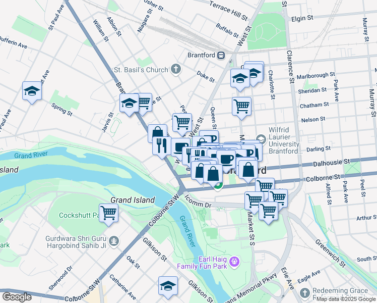 map of restaurants, bars, coffee shops, grocery stores, and more near 17A Darling Street in Brantford