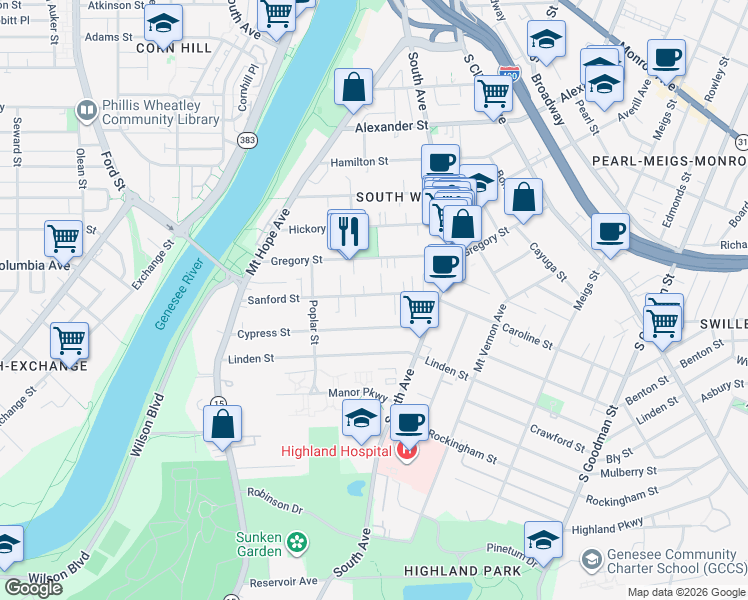 map of restaurants, bars, coffee shops, grocery stores, and more near 203 Sanford Street in Rochester