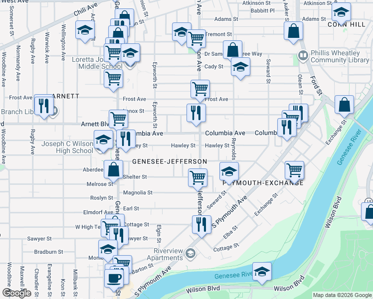 map of restaurants, bars, coffee shops, grocery stores, and more near 354 Flint Street in Rochester