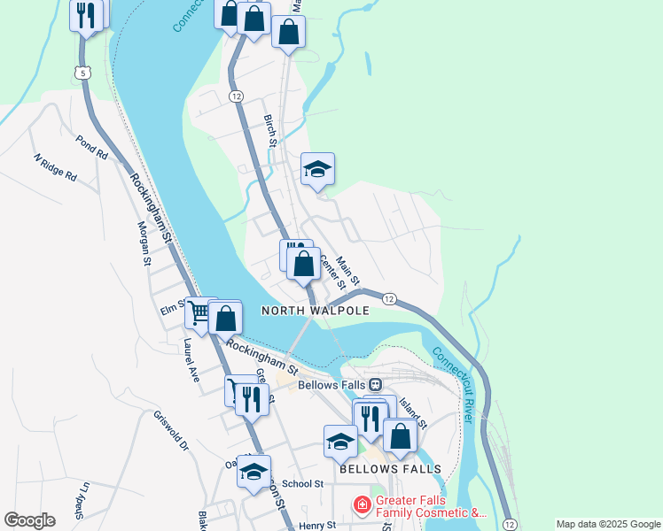 map of restaurants, bars, coffee shops, grocery stores, and more near 14 Vine Street in Walpole