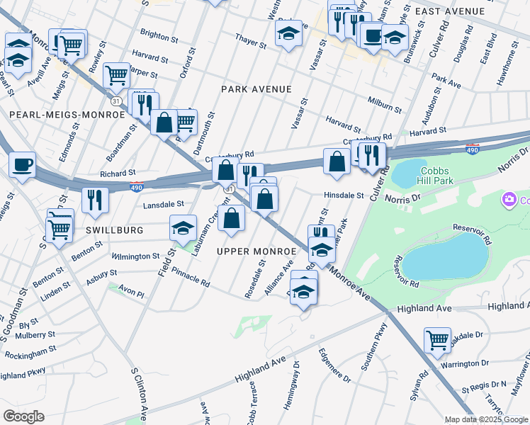 map of restaurants, bars, coffee shops, grocery stores, and more near 18 Shepard Street in Rochester