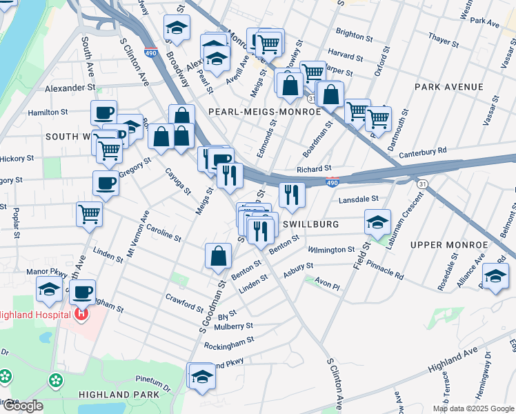 map of restaurants, bars, coffee shops, grocery stores, and more near 30 Henrietta Street in Rochester
