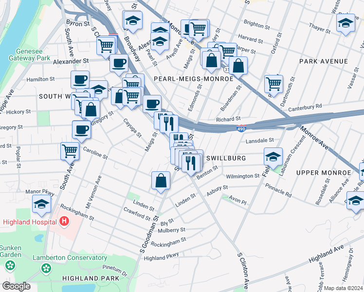 map of restaurants, bars, coffee shops, grocery stores, and more near 927 South Clinton Avenue in Rochester