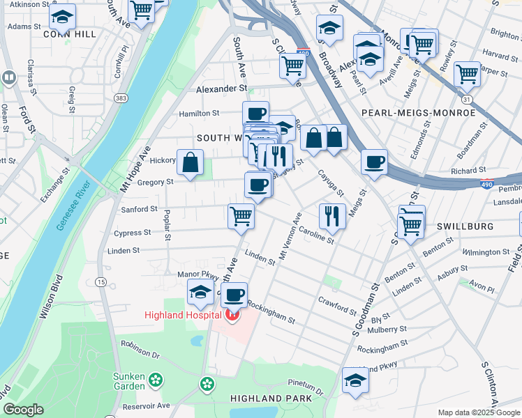 map of restaurants, bars, coffee shops, grocery stores, and more near 47 Caroline Street in Rochester