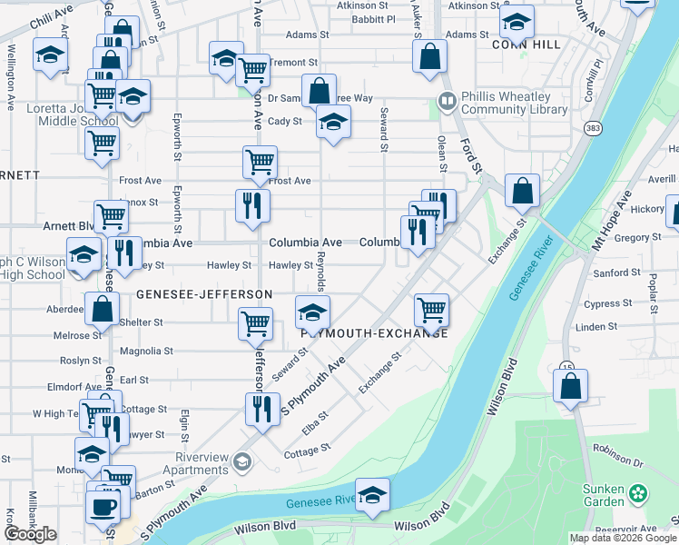 map of restaurants, bars, coffee shops, grocery stores, and more near 204 Flint Street in Rochester