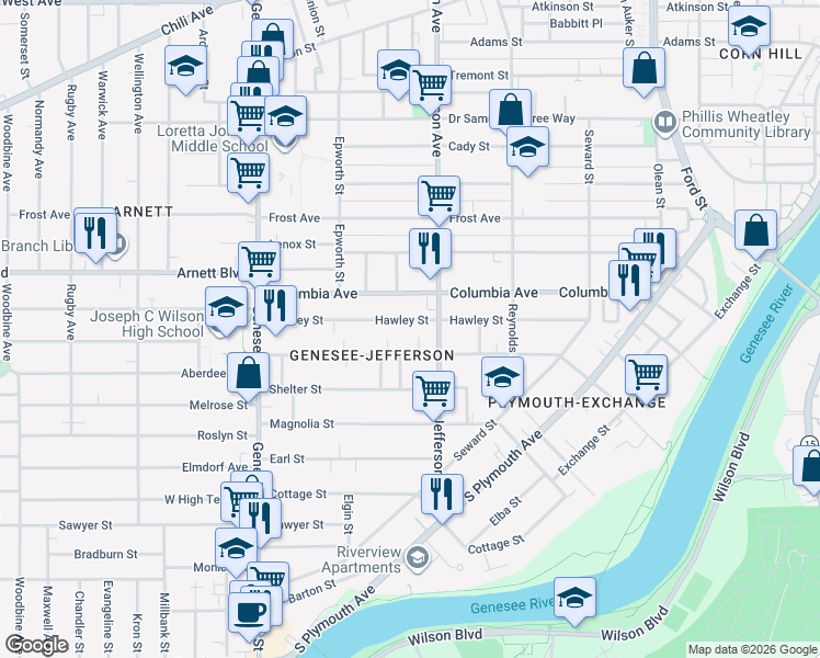 map of restaurants, bars, coffee shops, grocery stores, and more near 354 Flint Street in Rochester