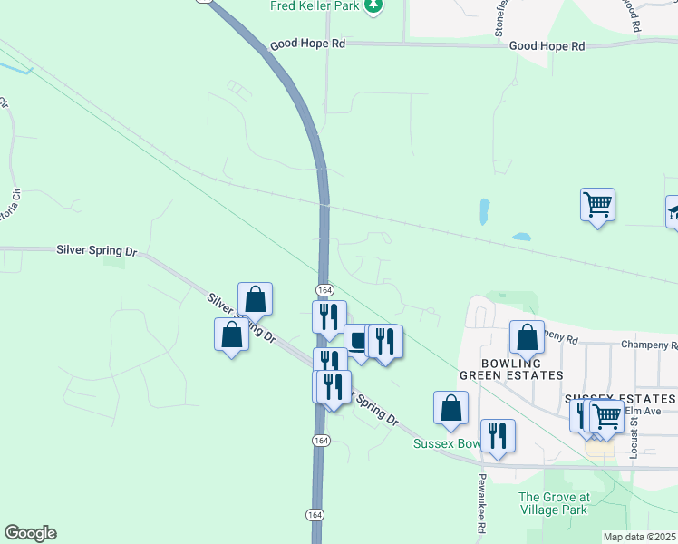 map of restaurants, bars, coffee shops, grocery stores, and more near County Road J in Sussex