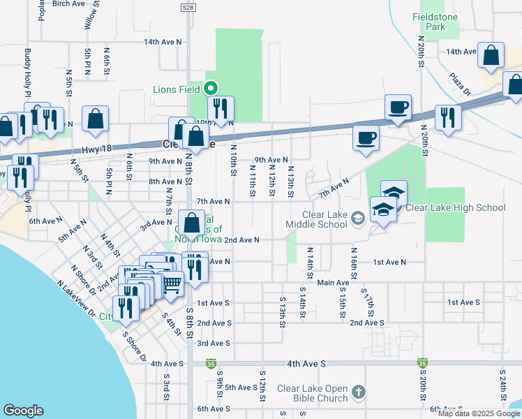 map of restaurants, bars, coffee shops, grocery stores, and more near 213 North 11th Street in Clear Lake