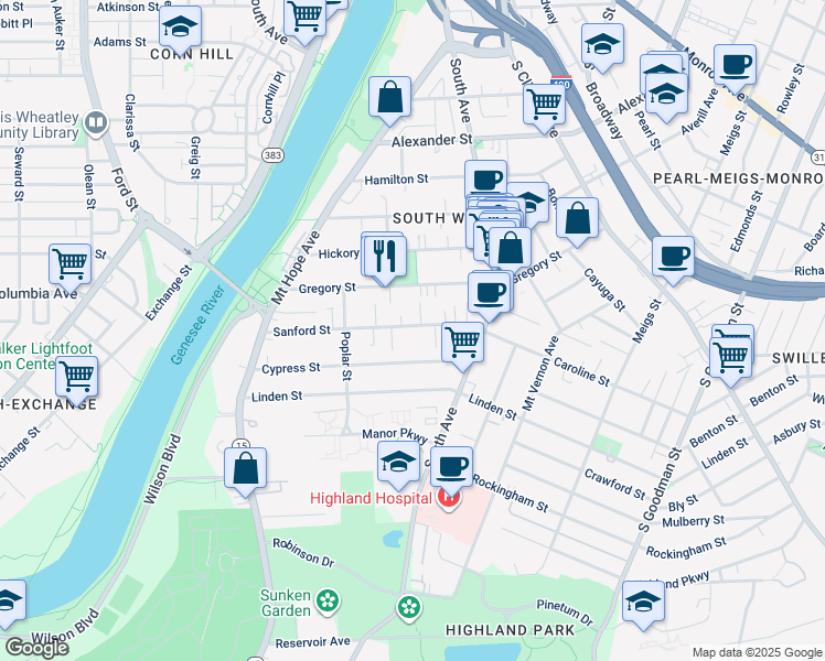 map of restaurants, bars, coffee shops, grocery stores, and more near 198 Cypress Street in Rochester