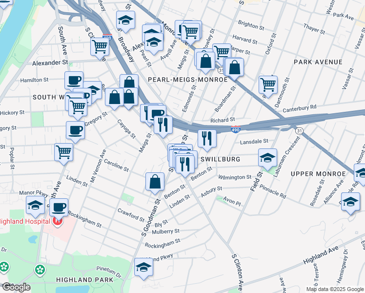 map of restaurants, bars, coffee shops, grocery stores, and more near 670 South Goodman Street in Rochester