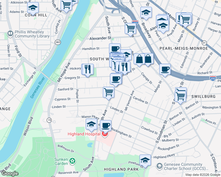 map of restaurants, bars, coffee shops, grocery stores, and more near 281 Sanford Street in Rochester