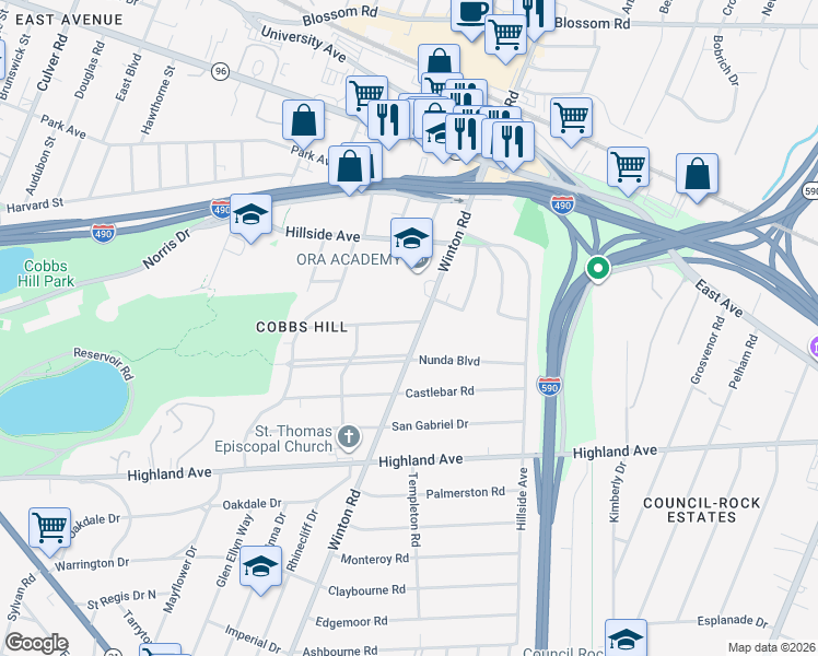map of restaurants, bars, coffee shops, grocery stores, and more near 166 Nunda Boulevard in Rochester