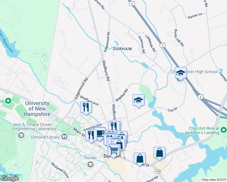 map of restaurants, bars, coffee shops, grocery stores, and more near 56 Madbury Road in Durham