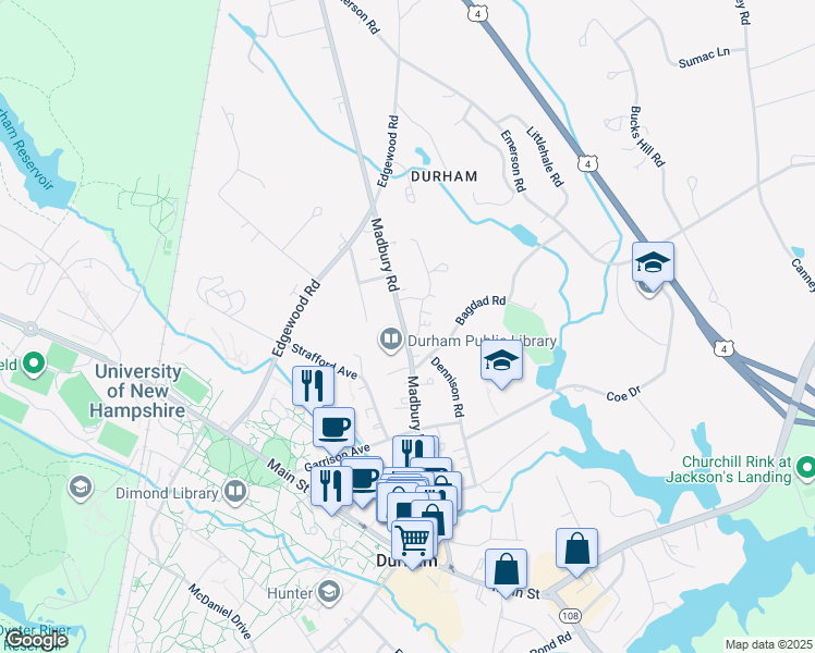 map of restaurants, bars, coffee shops, grocery stores, and more near 48 Madbury Road in Durham