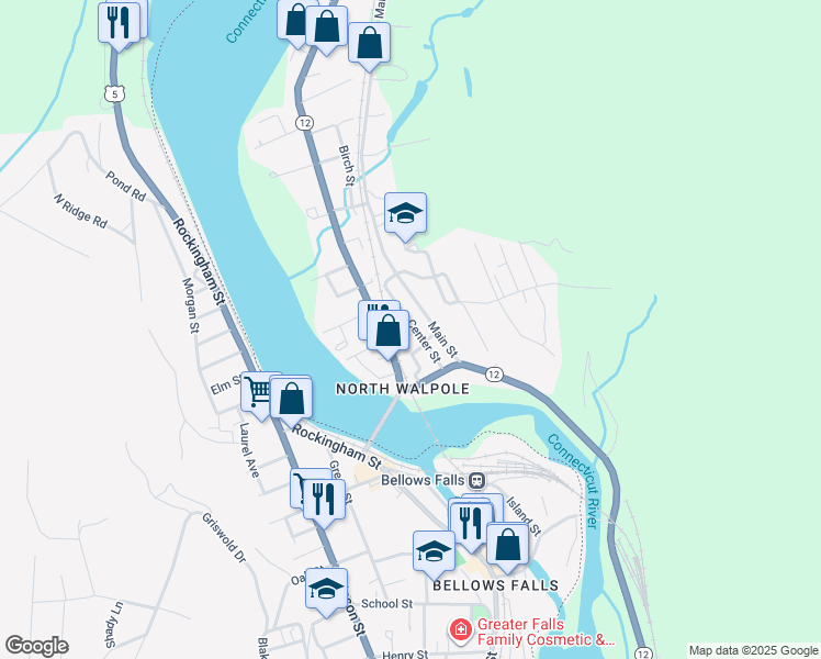 map of restaurants, bars, coffee shops, grocery stores, and more near 14 Vine Street in Walpole