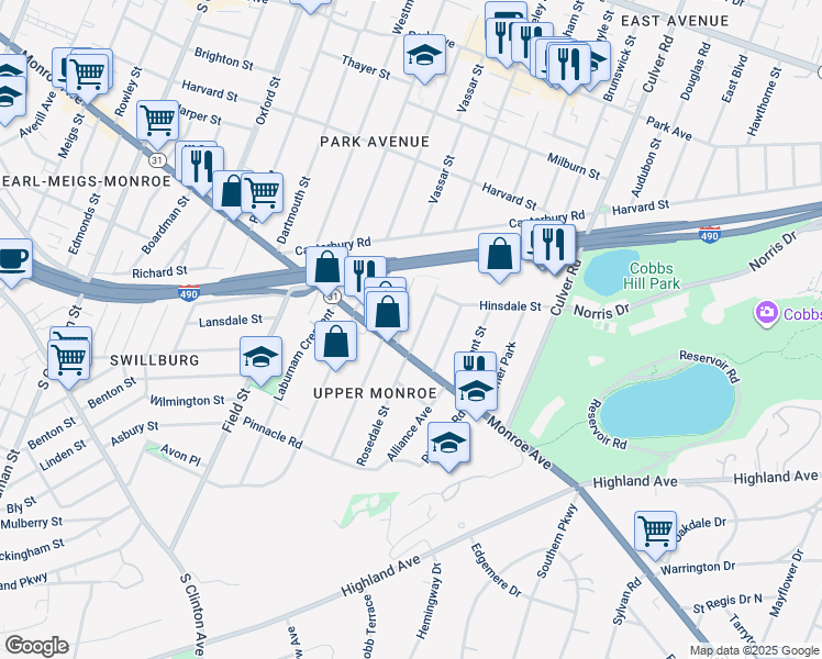map of restaurants, bars, coffee shops, grocery stores, and more near 1036 Monroe Avenue in Rochester