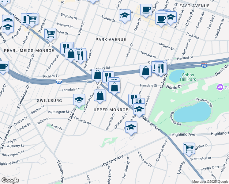 map of restaurants, bars, coffee shops, grocery stores, and more near 18 Shepard Street in Rochester