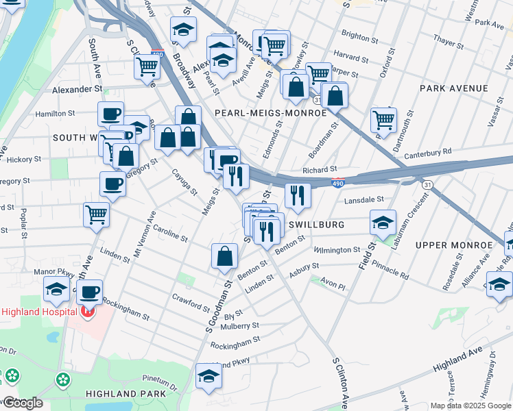 map of restaurants, bars, coffee shops, grocery stores, and more near 927 South Clinton Avenue in Rochester