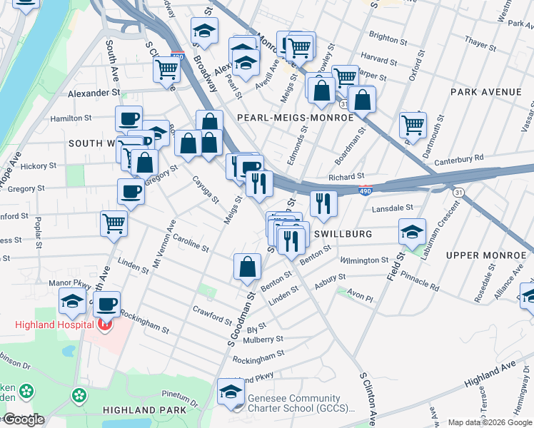 map of restaurants, bars, coffee shops, grocery stores, and more near 927 South Clinton Avenue in Rochester