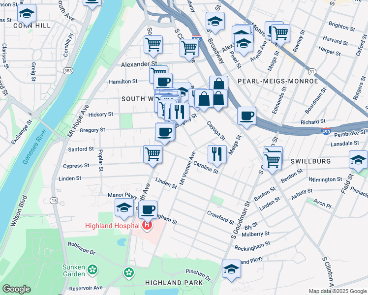 map of restaurants, bars, coffee shops, grocery stores, and more near 122 Mount Vernon Avenue in Rochester