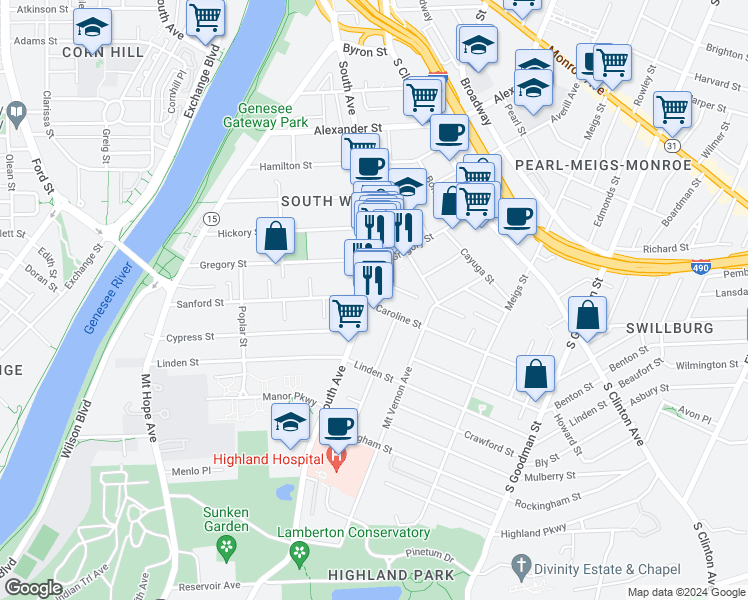 map of restaurants, bars, coffee shops, grocery stores, and more near 47 Caroline Street in Rochester