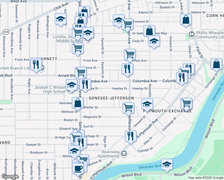 map of restaurants, bars, coffee shops, grocery stores, and more near 418 Flint Street in Rochester